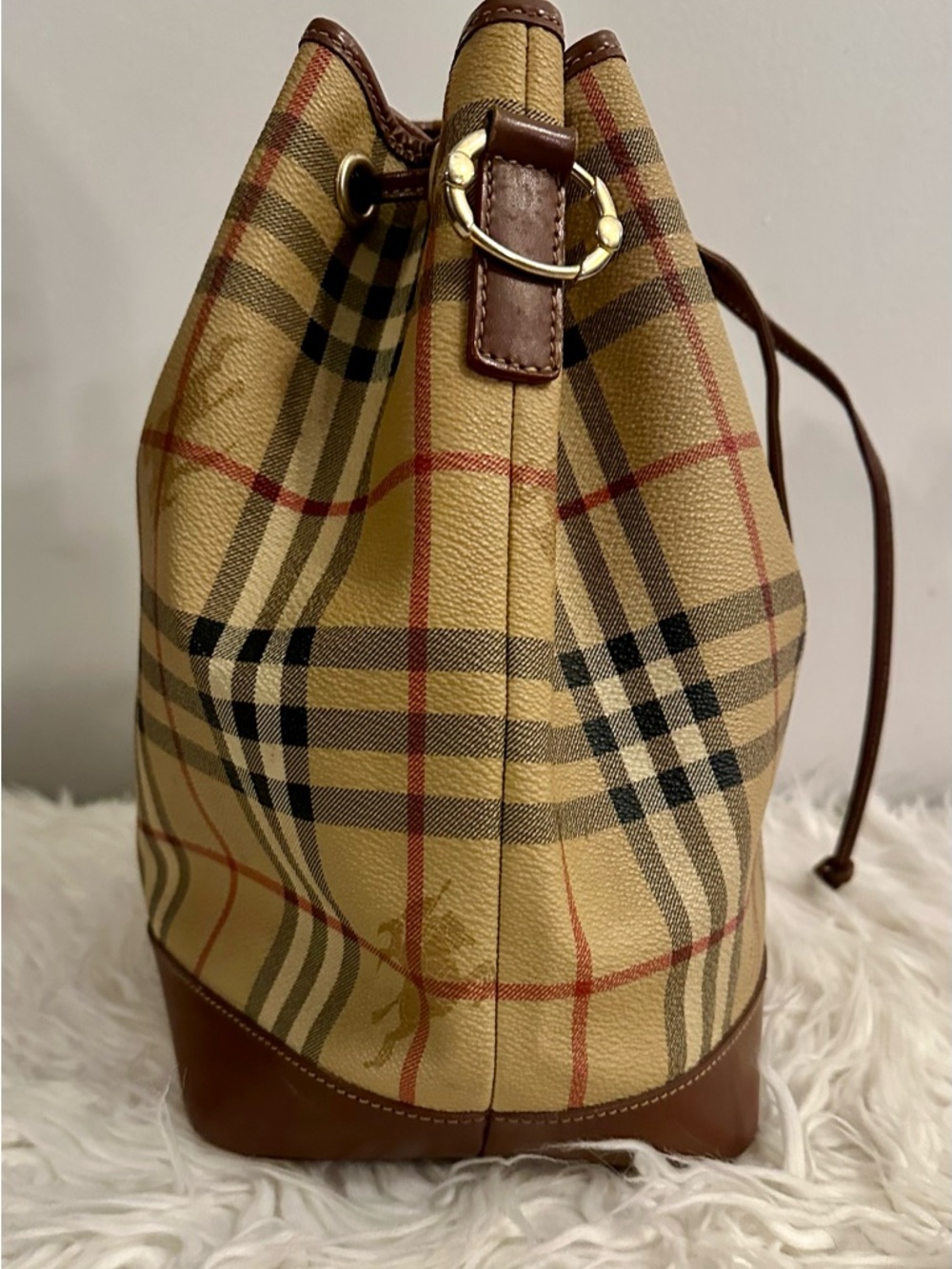 Burberry Beige Vintage Check Drawstring Hobo with Brown Leather Trim - Picture 5 of 11